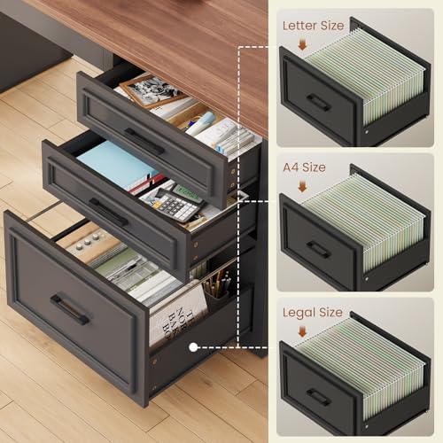 SEDETA Farmhouse L Shaped Electric Standing Desk, 63" x 67" Height Adjustable Home Office Executive Desk with Drawers and Shelves, Standing Computer Desks with Power Outlet for Home Office, Black SEDETA