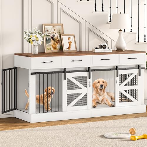 OtterOasis Extra Large Dog Crate Furniture for 2 Dogs, 71'' Dog Kennel Indoor with Removable Divider and 4 Storage Drawers, Sturdy Wooden Dog Crate TV Stand with 4 Doors for Large Medium Small Dogs OtterOasis