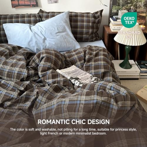 Erwinmu Plaid Duvet Cover Set Twin Size,Brown Blue Gingham Patterned Bedding Set for Girls Boys,Modern Soft Breathable Microfiber Comforter Cover 2 Pieces with Zipper Closure and 1 Pillow Sham Erwinmu