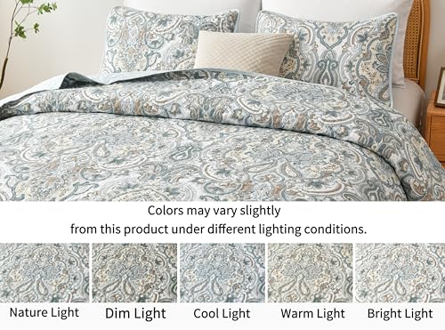 Grand Linen 3 Piece Oversized Lightweight All-Season Paisley Design Quilt Set, King Size, 115” Wide x 95” Long, Soft Microfiber Bedspread with 2 Shams, Blue, Grey and Brown Colors, Reversible Coverlet Grand Linen