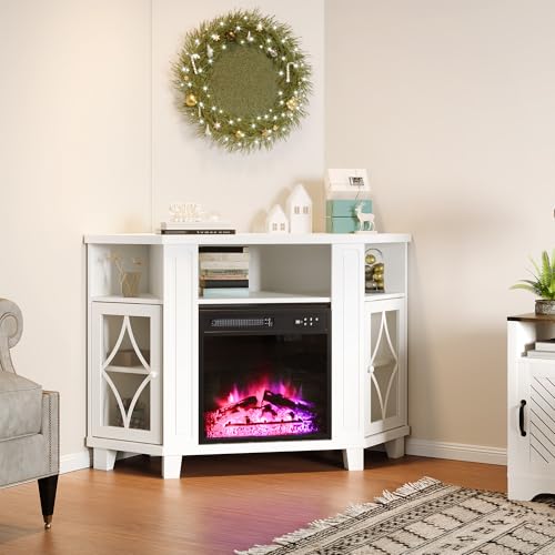 FansaFurn Corner TV Stands with 18'' Fireplace, Media Console Table with Adjustable Shelves & Acrylic Doors, Entertainment Center for TVs up to 55'', Corner Cabinet for Living Room, Bedroom, White FansaFurn
