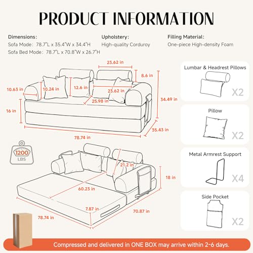 KSTNLUXQ 79" Corduroy Sofa Bed Sleeper Couch, 6-in-1 Convertible Boneless Floor Futon Loveseat, High-Density Foam Couch in a Box with 2 Headrest Pillows, No Assembly, Red and White KSTNLUXQ