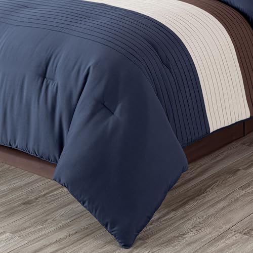 Chezmoi Collection Loft 8-Piece Queen Comforter Set, Midnight Blue/Brown/Coffee Cream Luxury Striped Bedding for All Season Chezmoi Collection