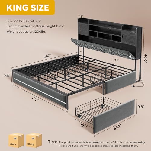 YITAHOME King Size Bed Frame with RGB LED Lights & Storage Bookcase Headboard, Upholstered Bed with Charging Station and 4 Drawers, No Box Spring Needed, Easy Assembly, Noise-Free, Velvet Grey YITAHOME