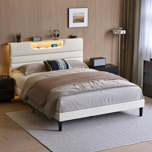 OURPIC Queen Size Bed Frames with Upholstered Headboard, Modern Platform Bed with Charging Station and Led Lights, Bed Frame with Sturdy Wooden Slats/No Box Spring Needed/2-Tier Storage, Beige OURPIC