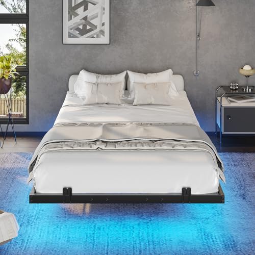 DICTAC Floating Bed Frame Twin XL Size with LED Lights, Metal Platform Twin XL Bed with Heavy Duty Steel Slats and 4 Mattress Slide Stopper, Black DICTAC