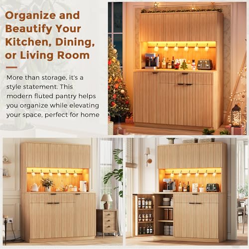 Jocoevol Fluted Kitchen Pantry Storage Cabinet with Charging Station/LED Light/Doors/Shelves, 71'' Tall Kitchen Food Hutch with Microwave Stand for Dining Room Living Room (Natural, 41 * 15.7 * 71) Jocoevol
