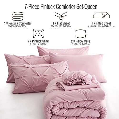 Ubauba 7pc Pink Queen Comforter Set, Pintuck Bed in a Bag Blush Bed Set with Comforters and Sheets 7 Piece, All Season Pinched Bedding Sets for Women (Pink,Queen Size) Ubauba