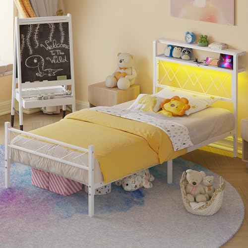 Weehom Twin Bed Frames with Headboard, Metal Bed Frame with 2-Tier Shelves Storage, Modern Twin Platform Bed with Charging Station & LED Lights - No Box Spring Needed, White Weehom