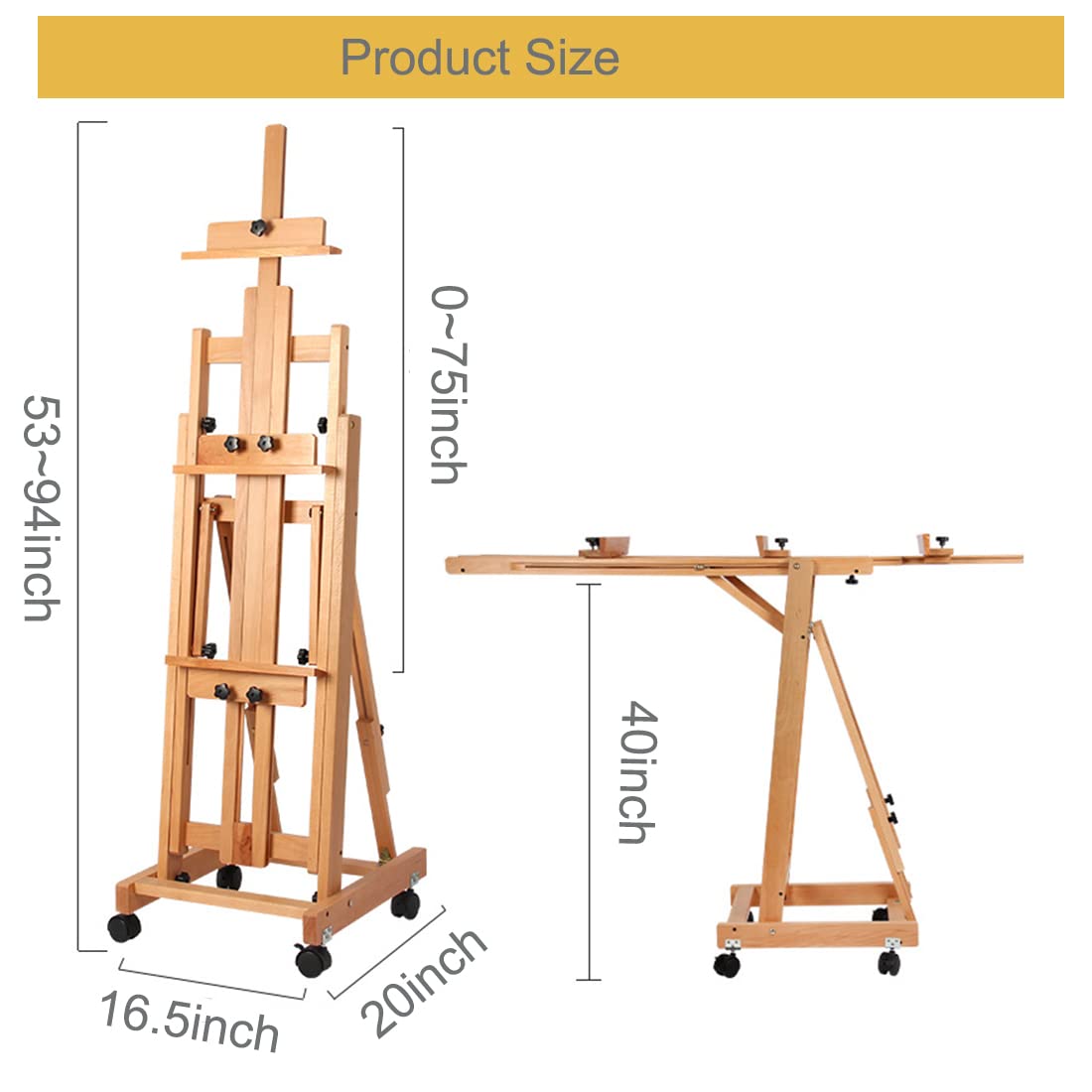 foriy H Frame Easel Multi-Function Studio Easel Solid Beech Wood Easel Adjustable Painting Canvas Holder Stand Tilts Flat Artist Easel with Locking Caster Wheels foriy