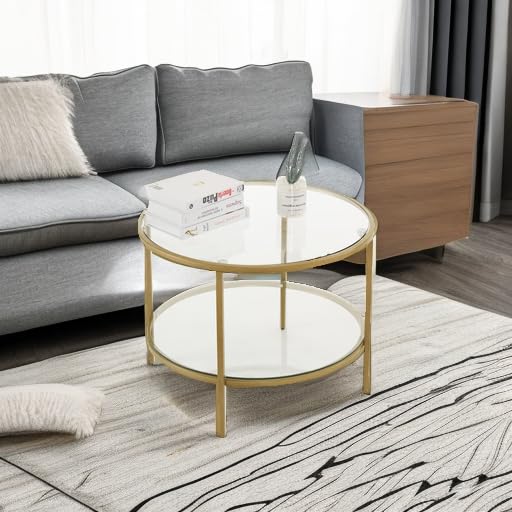 VINGLI Glass Coffee Table, 25.6" Round Champagne Gold Coffee Tables for Living Room, 2-Tier Glass Top Coffee Table with Storage Clear Coffee Table, Simple & Modern Center Table for Small Space VINGLI