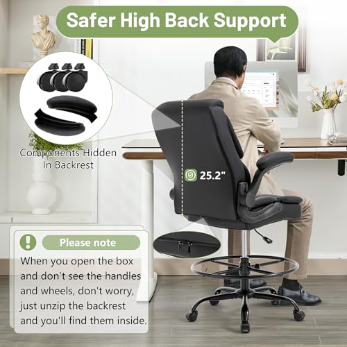 500LBS Drafting Chair, High Back Safer Standing Desk Chair, Executive Tall Office Chair with Flip-up Armrests, Upholstered PU Leather Task Chair, Ergonomic Seat with Adjustable Height&Foot Ring, Black Sofetura