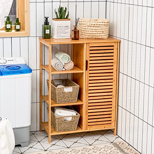 Giantex Bathroom Storage Cabinet Bamboo Floor Cabinet Free Standing Organizer, with 3-Tier Open Shelf & Multipurpose Closed Compartments for Kitchen, Living Room Giantex