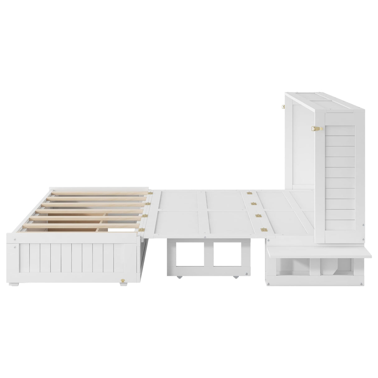 Ball & Cast Mobile Murphy Bed Queen Size with A Big Storage Drawer and 2 Bedside Shelves on Each Side,Hideaway Foldable Fold-Down Bed w/Slat Support,Space-Saving Bedframe for Bedroom,White Ball & Cast