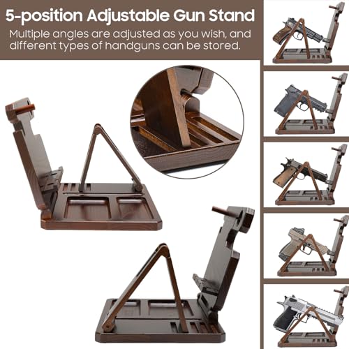 Roylvan Multifunctional Wooden Gun Rack, Durable Nightstand Organizer with Pistol Rack for Phone Wallet Ring Key Military Watch Pistol Display Stand Gun Gifts for Men Husband Dad Boyfriend, Dark Brown Roylvan