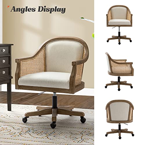 HULALA HOME Rattan Desk Chair, Upholstered Home Office Chair, Vintage Office Chair with Armrest, Adjustable Swivel Rolling Height Task Chair for Living Room Bedroom Study Room, Ivory HULALA HOME