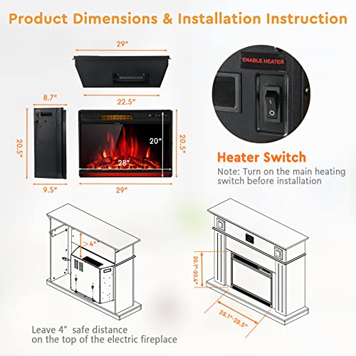 COSTWAY Electric Fireplace Insert 28-Inch Wide, 900/1350W Recessed and Freestanding Heater with Remote Control, 3 Flame Colors, 4 Brightness, Adjustable Temperature, Electric Fireplace for Indoor Use COSTWAY