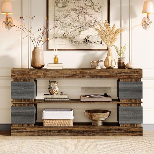 Tribesigns 63" Farmhouse Console Table, 3-Tier Entryway Table with Storage, Long Wooden Behind Couch Stand with 4 Compartments for Living Room, Hallway, Foyer, Vintage Brown & Gray Tribesigns