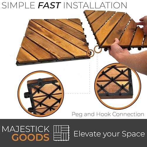 Interlocking Deck Tiles 8 Pack Diagonal - Snap Together Wood Flooring | 12 x 12 Acacia Hardwood Outdoor Flooring for Patio | Floor Decking Tile - Balcony Backyard Decor, Outside Wooden Patio Pavers Majestick Goods