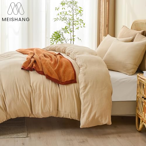 MEISHANG Muslin Duvet Cover King Size - 100% Organic Cotton, Soft Textured Gauze Weave Duvet Cover for Breathable All-Season Oeko-Tex Certified - 3 Piece Set (King, Linen) MEISHANG