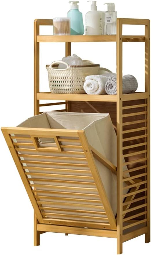 Baveke Laundry Hamper with 2-Tier Shelves & Tilt Out Basket, Laundry Baskets Organizer Hampers Bathroom Storage Shelf for Laundry Room, Bathroom, Nursery, Bedroom (Small - 15.75 in) Baveke
