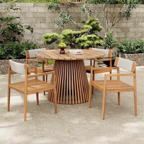 Merax 5 Pieces Patio Dining Sets for 4 People, Outdoor Acacia Wood Furniture Sets, 47.25" Large Round Table & Slatted Dining Chairs for Garden Patio Deck, Teak Look & White Rope Merax
