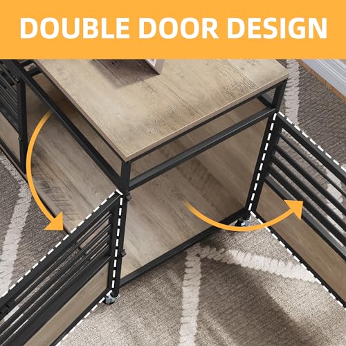 DWVO Dog Crate Furniture, 39.4 Inch Dog Kennel Indoor Furniture with Double Doors, End Table Cage for Large Dogs, Modern Decorative Cage Wooden Dogs Crate Furniture with Wheels, Grey DWVO