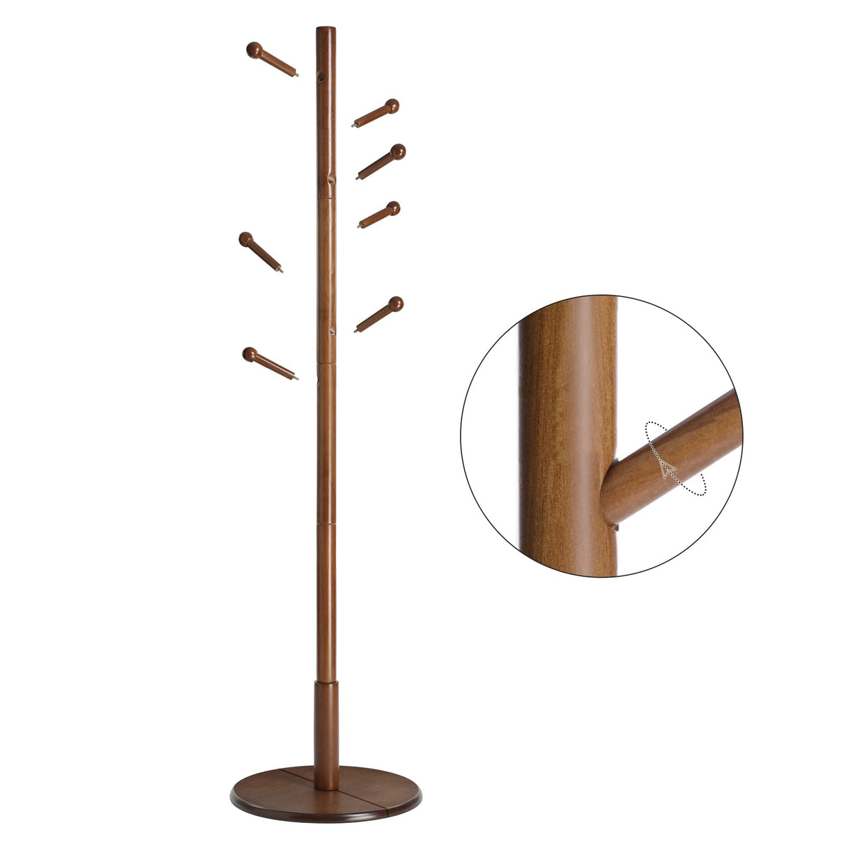 VASAGLE Solid Wood Coat Rack, Wood Hall Tree, Coat Rack Stand with 7 Rounded Hooks, Stable Round Base, 3 Height Options, for Living Room, Bedroom, Home Office, Dark Walnut URCR07WN VASAGLE
