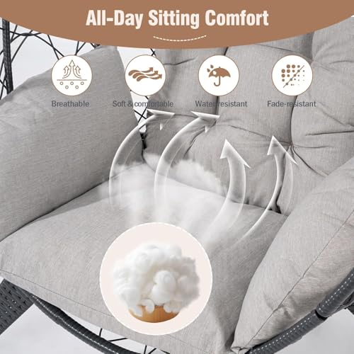 Rattan Egg Chair for Adult, Indoor Outdoor Patio Large Wicker Egg Chair with Overstuffed Cushions, Steel Frame, Boho Nest Seat for Patio, Bedroom, Lawn, Backyard VKUCI