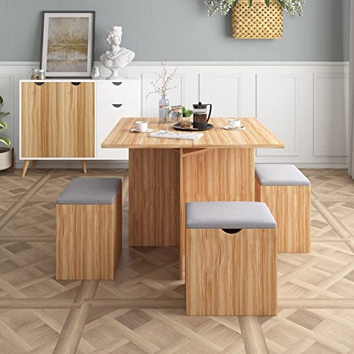 Mondeer 5-Piece Dining Table Set, Small Kitchen Table Set with 4 Stools Compact Space-Saving for Dining Room Kitchen Modern (Red Oak and Grey) Mondeer