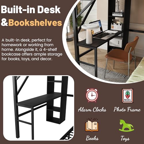 MoproBeti Bunk Bed with Desk,Upper Shelf & Storage Bookshelves,Metal L-Shaped Full Over Twin Bunk Beds with LED & Charge Station,Full Loft Bed w/Ladder,Safety Guardrail for Boys Girls,Black MoproBeti
