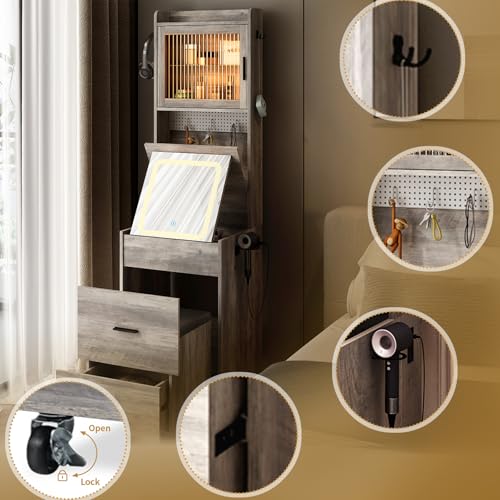 Karl home 3 in 1 Vanity Desk with Fold-up Panel Lighted Mirror, Small Vanity Table Set with Hidden Storage Stool Charging Station for Bedroom, Compact Corner Vanity Set with Storage Cabinet, Gray Karl home