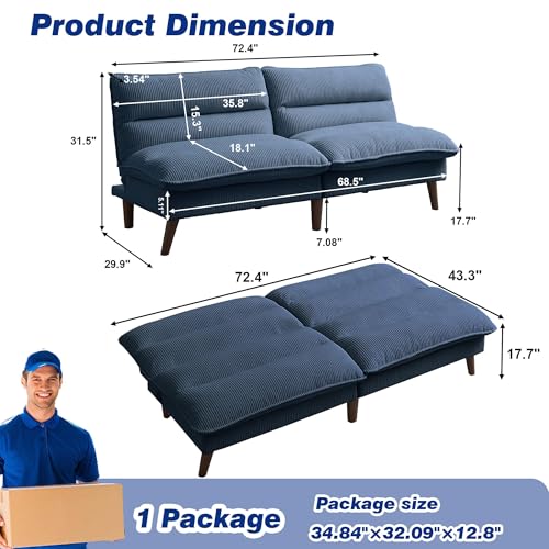 Chireca 72" Futon Sofa Bed, Convertible Futon Couch with Adjustable Backrest, Modern Corduroy Sleeper Sofa for Small Spaces, Living Room, Office, Blue Chireca