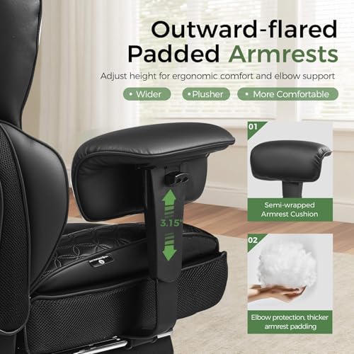 GTPOFFICE Big and Tall Office Chair 400LBS Wide Seat Computer Gaming Chair with Footrest & Comfy Lumbar Support, Leather High Back Executive Chair with Ergonomic Pressure Relief Seat Cushion, Black GTPOFFICE