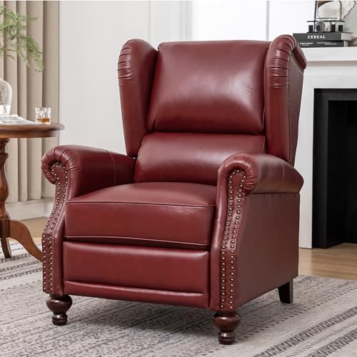 SHINE FURNISHING Genuine Leather Recliner Chair with Nailhead Trim, Mid Century Modern Push Back Recliner with Thick Cushioned Seat, Single Sofa & Accent Chair for Living Room (Burgundy)