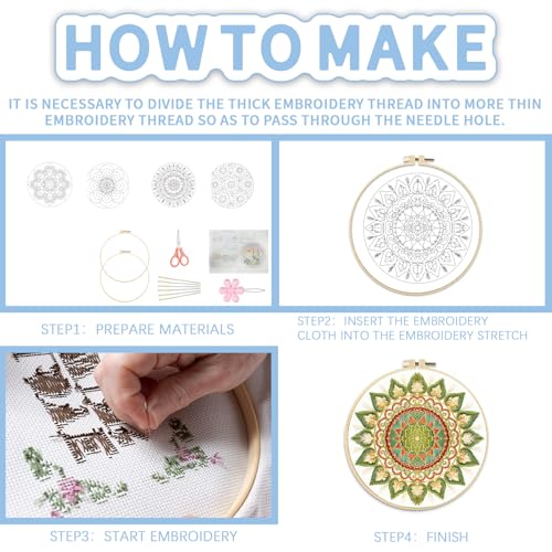 FREEBLOSS 4 Sets Embroidery Kit for Beginners Needlepoint Embroidery Starter Kit with Mandala Stamped Patterns, Instructions, Colored Threads, 2 Hoops 20cm/7.9inch