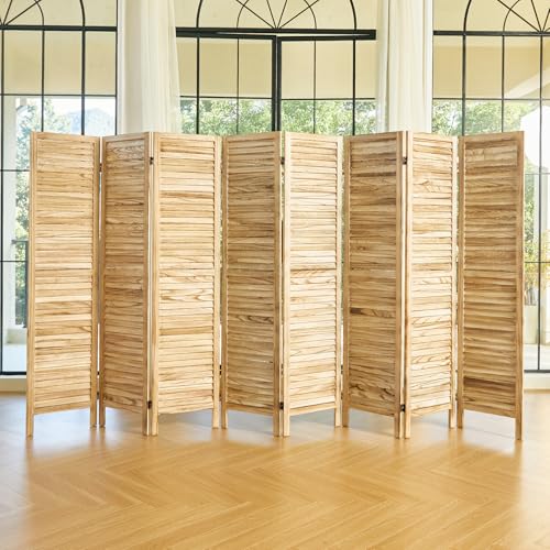 Room Partitions and Dividers, Temporary Wall with Double Hinges, 5.6 Ft Tall Folding Louver Wood Screen for Home Office Bedroom Hotel Decoration (8 Panels, Wood Color) Svimi