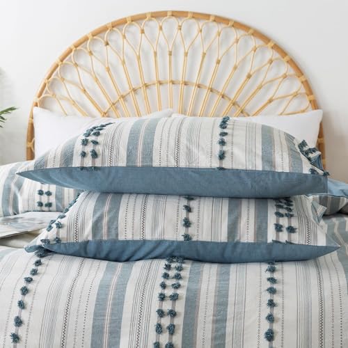 Washed Cotton Twin Size Duvet Cover Set - Tufted Dots Boho Chic Bedding for All Seasons, Striped Bohemain Bedding Linen Like Textured Breathable Durable Soft Comfy (Blue, 66''x90'') La Sheer