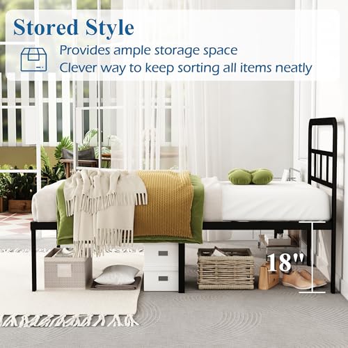 DiaOutro Twin Bed Frames with Headboard 18 Inch, Metal Platform No Box Spring Needed Heavy Duty Steel Slat Mattress Foundation/Easy Assembly/Noise Free/Black DiaOutro