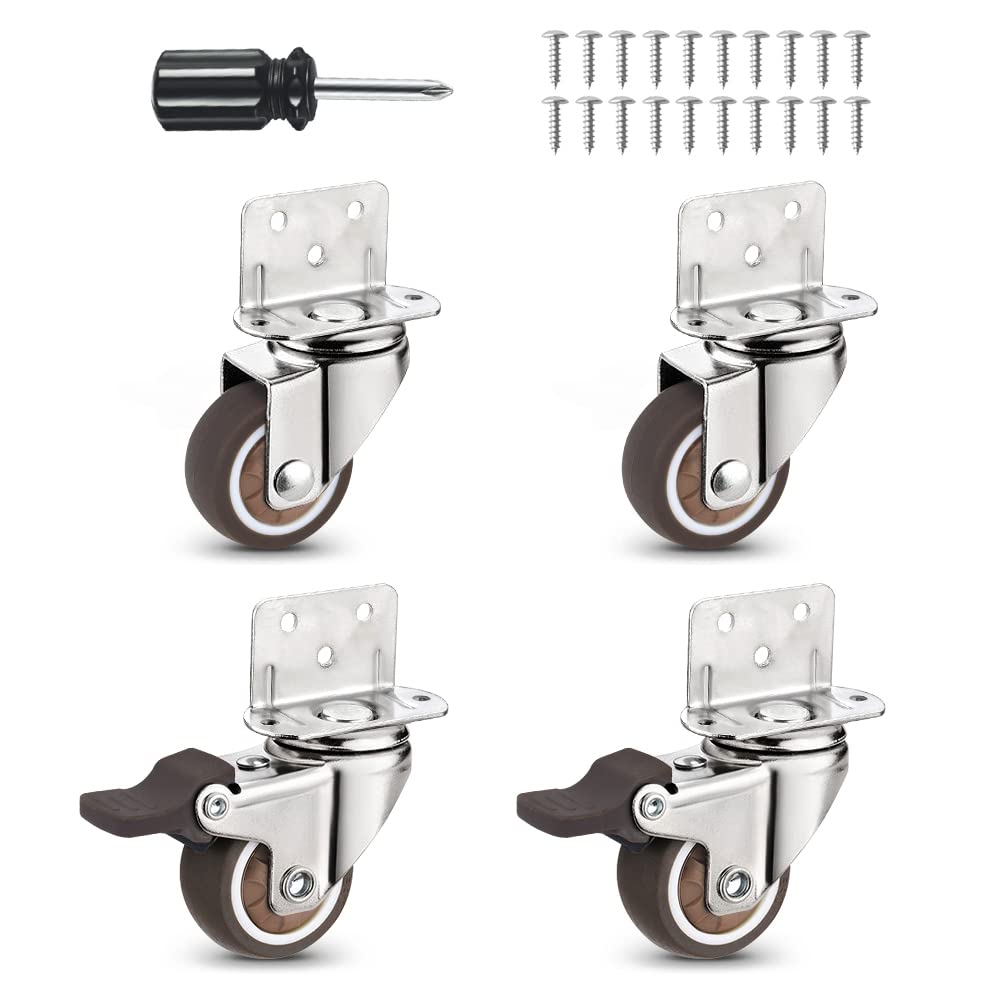 Heavy Duty Casters Set of 4 with Brake,L-Shape Side Mount TPR Plate Caster Wheels Replacement for Baby Bed, Carts Trolley, Kitchen Cabinet, Furniture, Table, Loading Capacity 80 Lbs (1” L-Shape) Molen