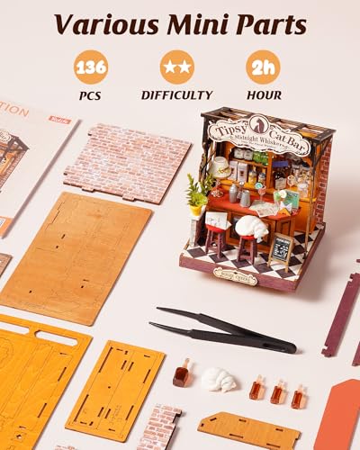Rolife Miniature House Kit for Adults Tipsy Cat Bar DIY Wooden Dollhouse Kit Tiny Mini House Bookshelf Decor 3D Wooden Puzzle Hobby Crafts Gifts for Family Friends
