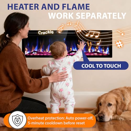 Kucreiheat 60" WiFi Electric Fireplace with Crackling Sound, Smart Linear Fire Place for Living Room, Recessed & Wall Mount Heater, 750/1500W, App & Remote Control, Timer, Log Flame Kucreiheat