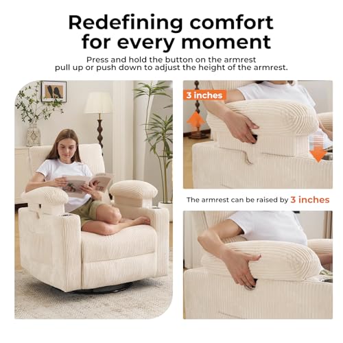 Oversized Power Recliner Chair Swivel Glider with Massage and Heat, Swivel Rocker Recliner with Adjustable Armrests, Nursery Chair with Adjustable Headrest, Rocker Nursery Recliner, Corduroy Beige