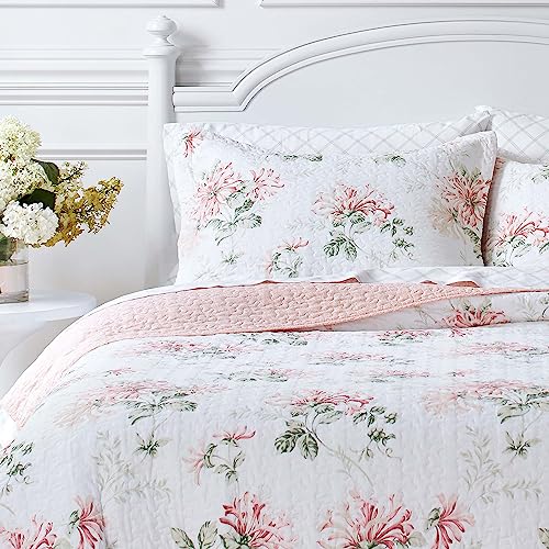 Laura Ashley - Twin Quilt Set, Soft Cotton Bedding with Reversible Design, Lightweight Bedding for Year Round Comfort, 2 Piece Bed Set with Matching Pillowcase (Honeysuckle Pink) Laura Ashley
