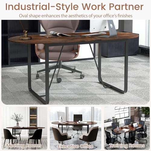 GOFLAME 71 Inches Executive Table, Oval Home Office Table with Cable Management Hole & Metal Frame, Seminar, Conference Table for 10 People, Large Business Furniture for Meeting Room GOFLAME
