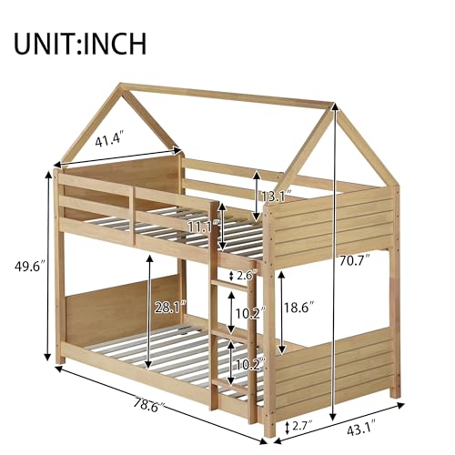 Ball & Cast Twin Over Twin House Bunk Bed for Kids,Rubber Wood Bunk Bed with Headboards, Footboards and Guardrails, Ladder,Twin Size House Shaped Bunk-Bed, No Box Spring Needed,White Oak Ball & Cast