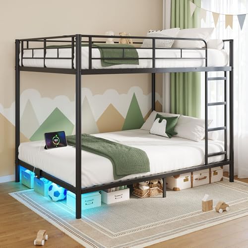Rolanstar Metal Bunk Bed Full Over Full with USB Charging Station, LED Bunk Bed & Space-Saving, Bed with Safety Guardrail & Ladders, No Box Spring Needed, Easy Assembly, Black Rolanstar