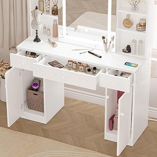 IRONCK Vanity Desk Set with Large LED Lighted Mirror & Power Outlet, 7 Drawers Vanities Dressing Makeup Table with Storage Bench, for Bedroom, Industrial Style White IRONCK