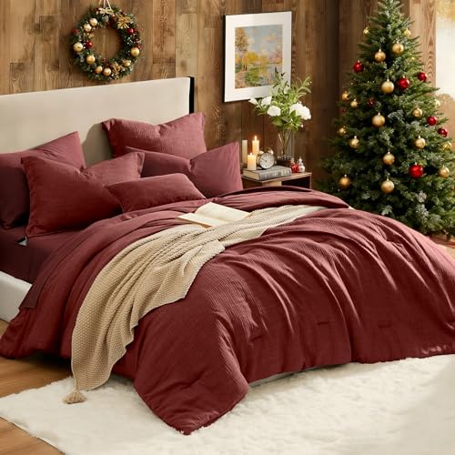 Geniospin Queen Comforter Set - 7 Pieces Comforter Queen Size, Solid Bedding Set for All Season, Dark Red Textured Bed in a Bag with Sheets Geniospin
