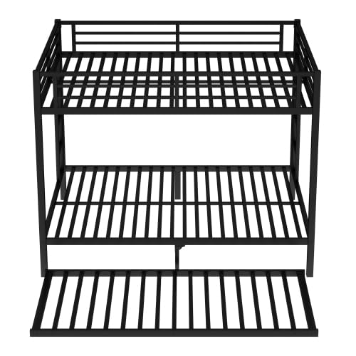 Metal Bunk Bed with Trundle Bed, Queen Over Queen Bunk Bed Frame with 2 Side Ladder and Thicker Legs, Black Bellemave